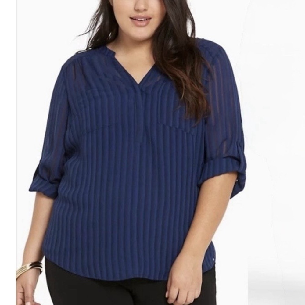 Torrid Navy Blue Shadow Stripe Semi Sheer Georgette‎ 3/4 Sleeve Pullover Top 2X